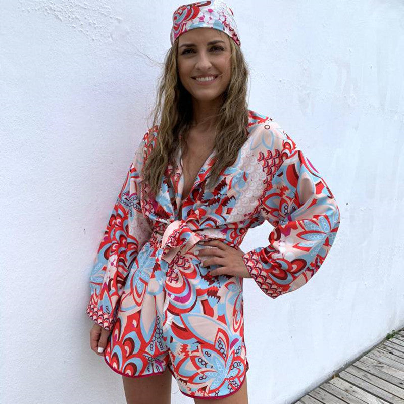 Women's Casual Beach Long Sleeve Shirt Headscarf Three-piece Suits