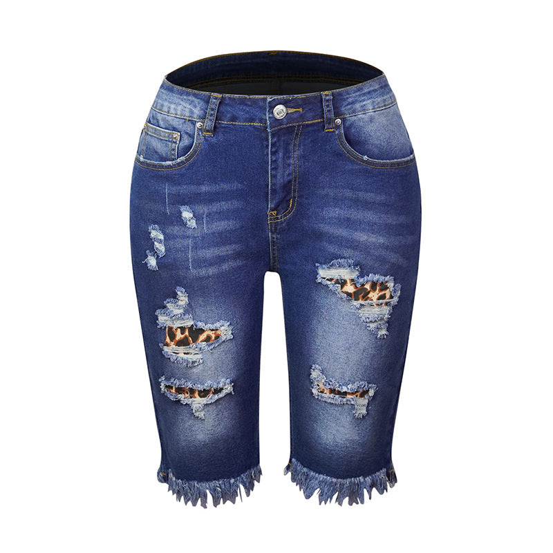 Damen-Sommer-Straßen-Quasten-hochelastische Röhrenjeans mit mittlerer Taille, verkürzte, zerrissene Jeans