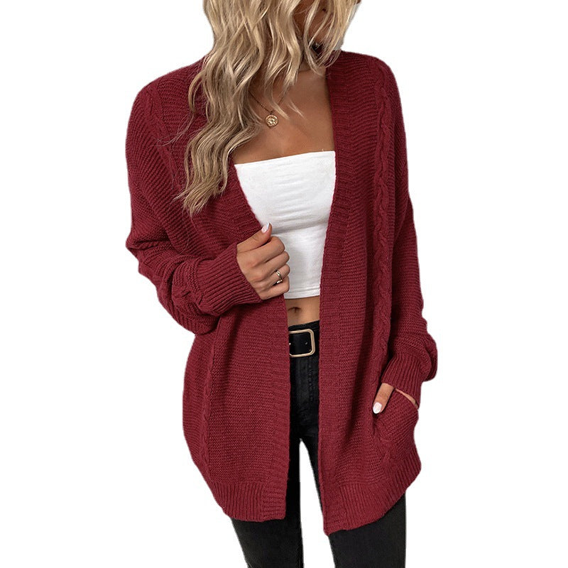 Women's Solid Color Pocket Knitted Retro Twist Coats