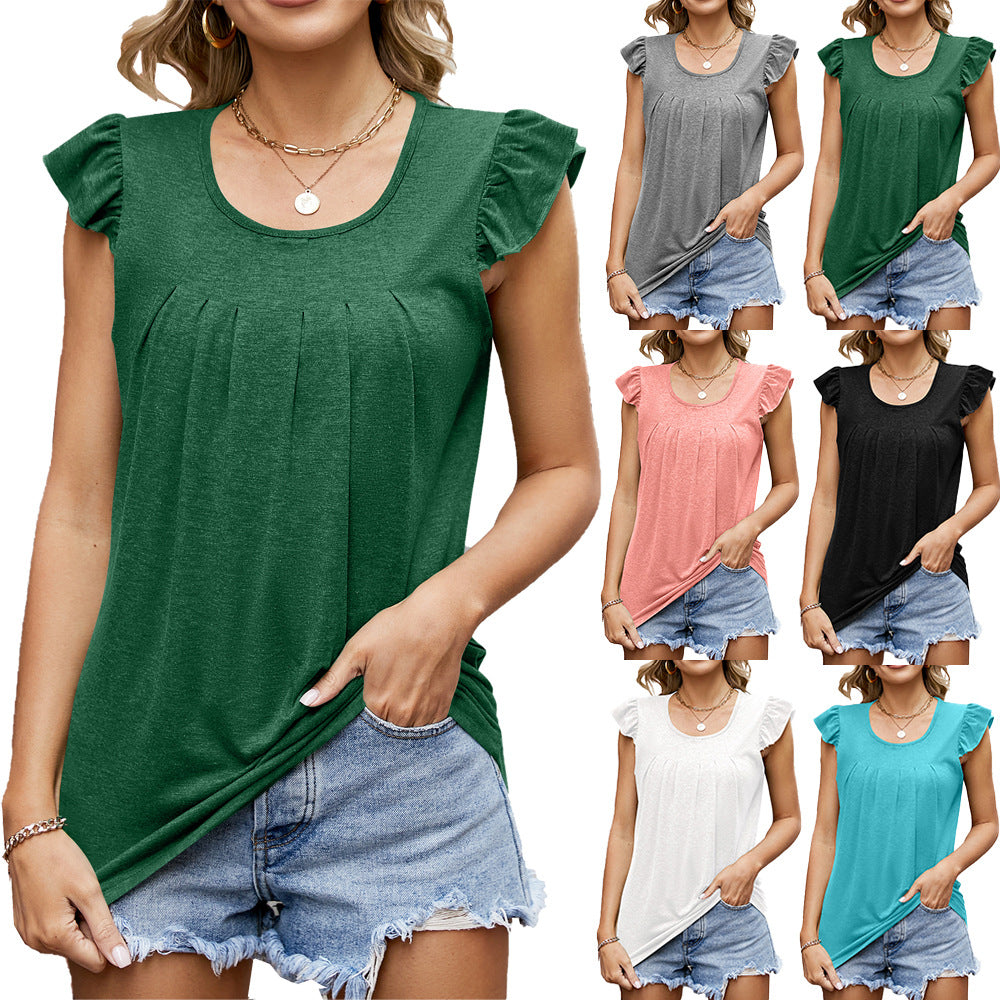 Women's Summer Lacework Round-neck Pleated Stitching Solid Blouses