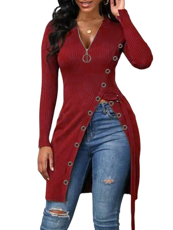 Women's V-neck Long Sleeve High Zipper T-shirt Blouses