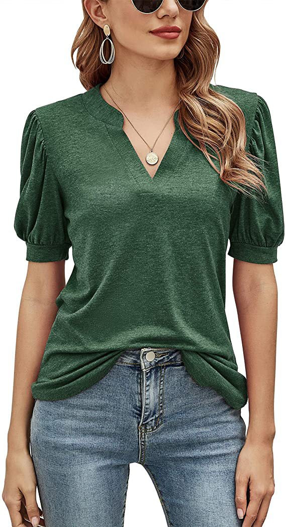 Women's Casual V-neck Solid Color Puff Sleeve Loose Blouses