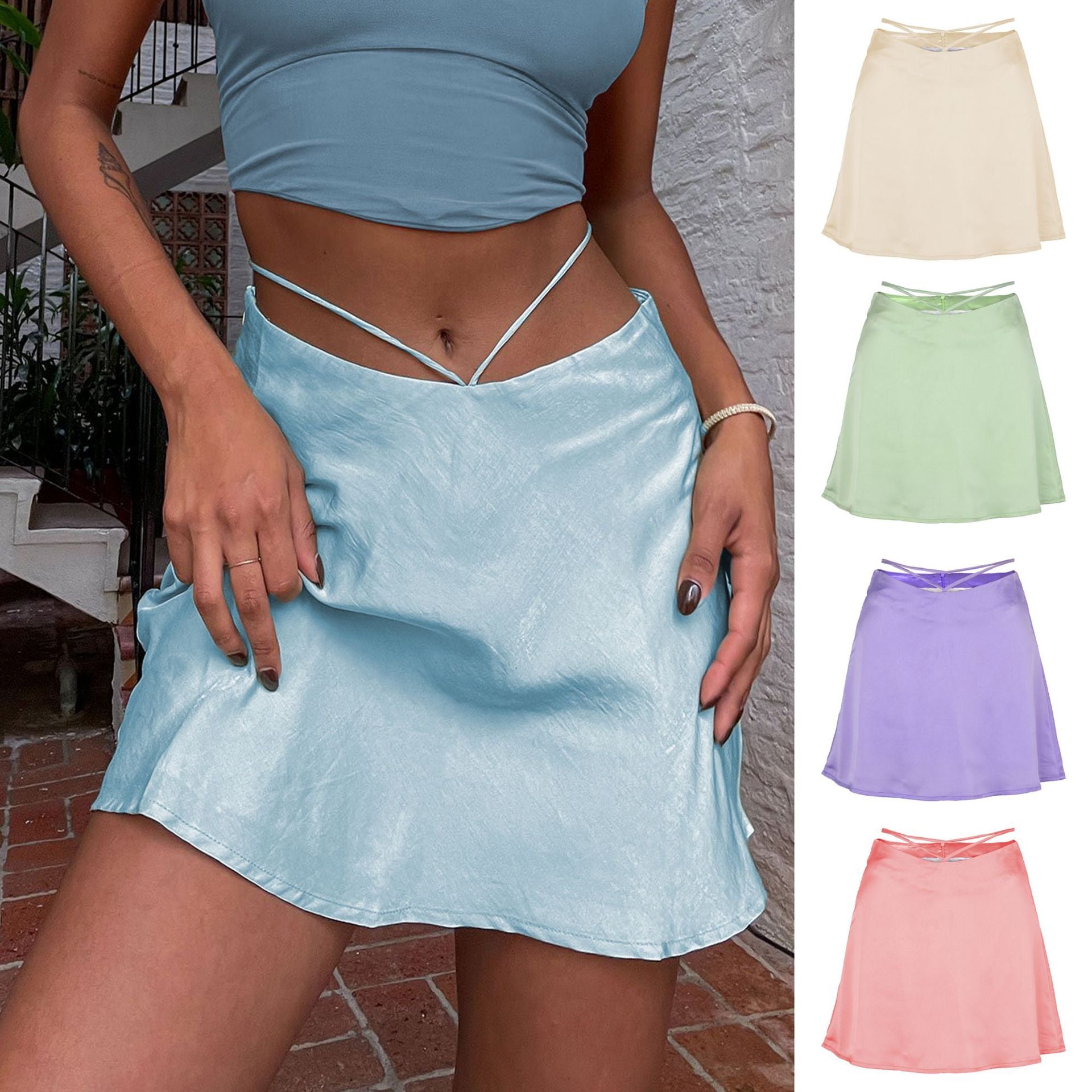 Women's Solid Color Sexy Satin Fashion Lace-up Skirts