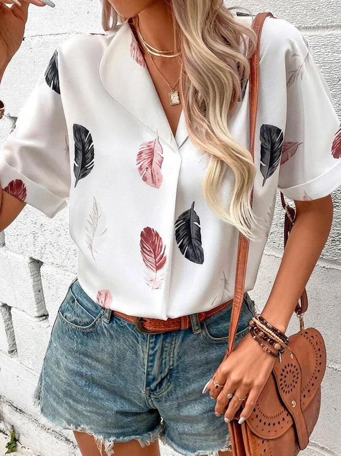 Women's Summer Lapel Feather Printed Sleeve Blouses