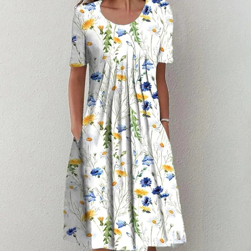 Women's Floral Print Round Neck Pocket Mid-length Dresses