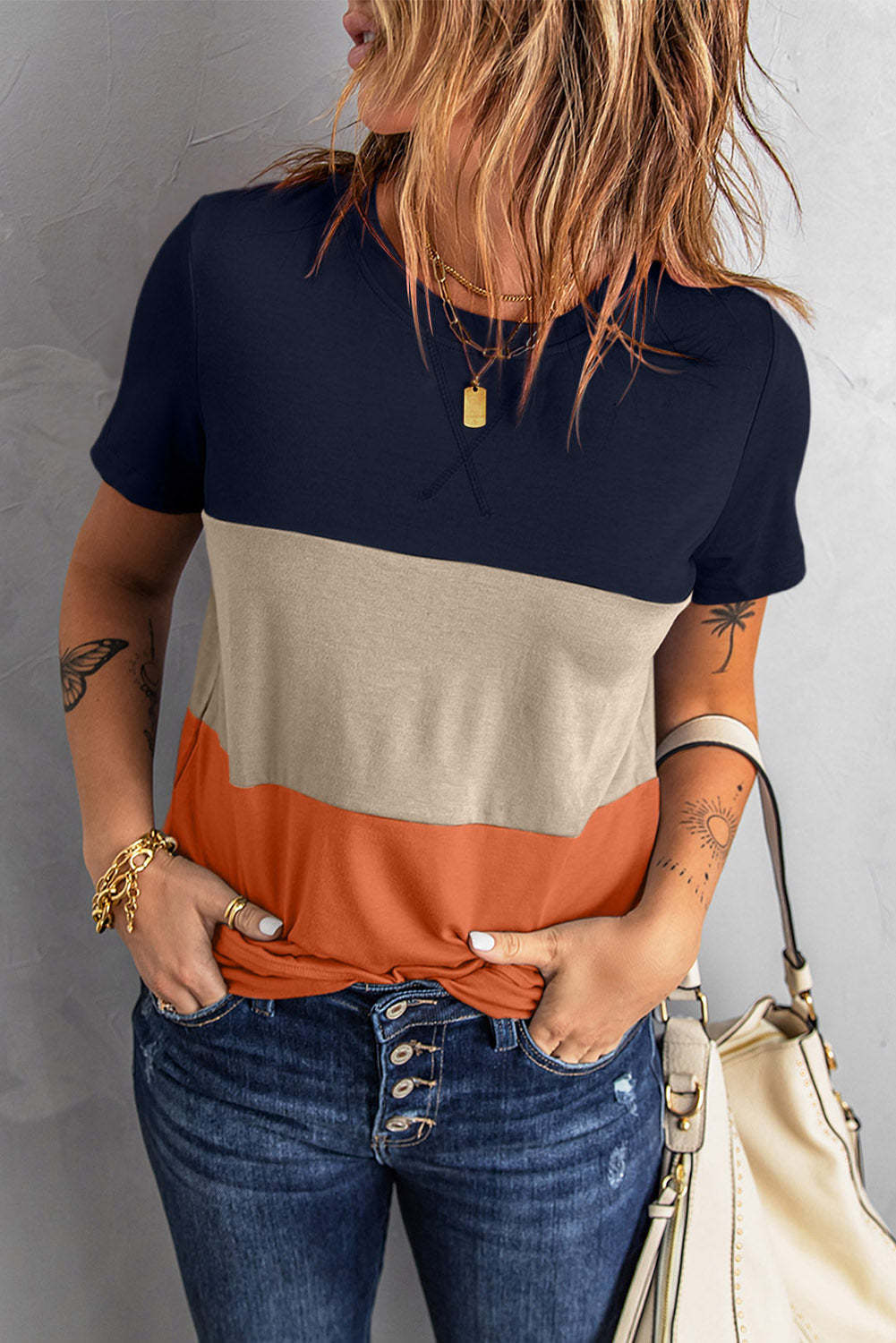Women's Color Matching Short-sleeved T-shirt Loose Tops