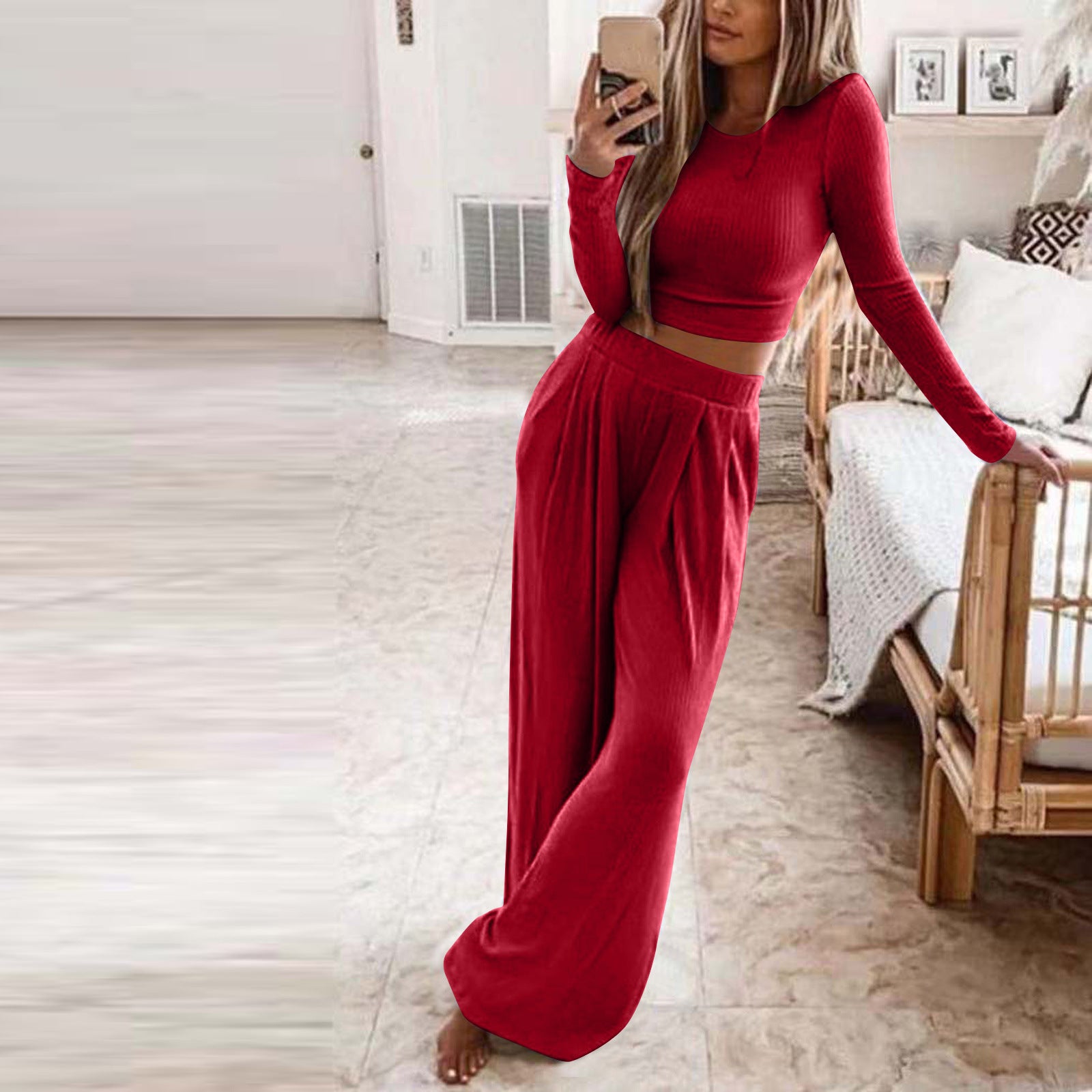 Women's Solid Color Knit Casual Home Two-piece Suits