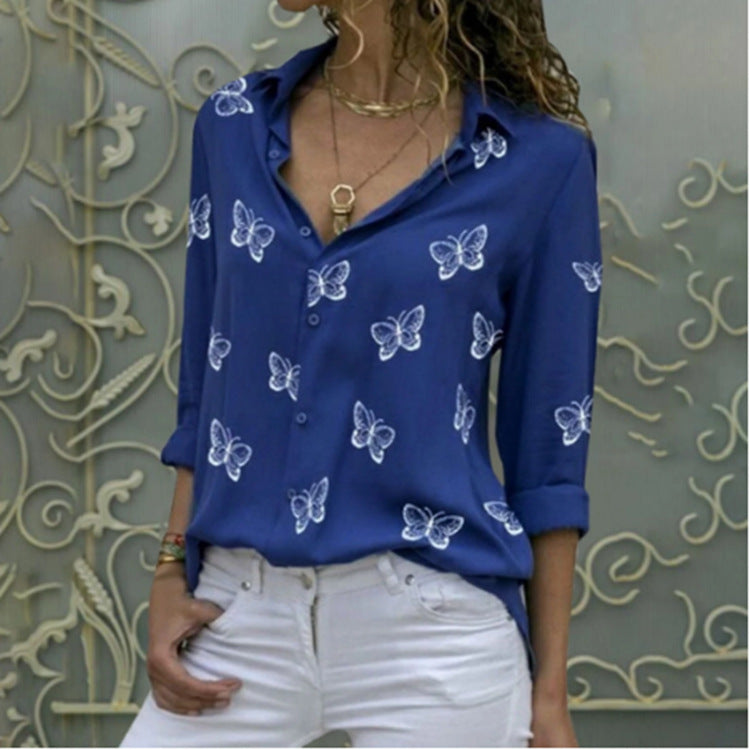 Women's Popular Butterfly Print Loose Lapels Shirt Blouses