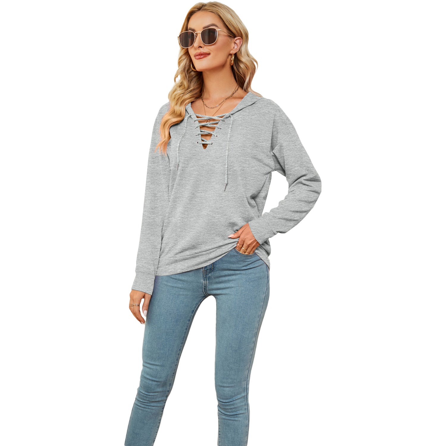 Women's Solid Color Hooded Neckline Tied Long Tops