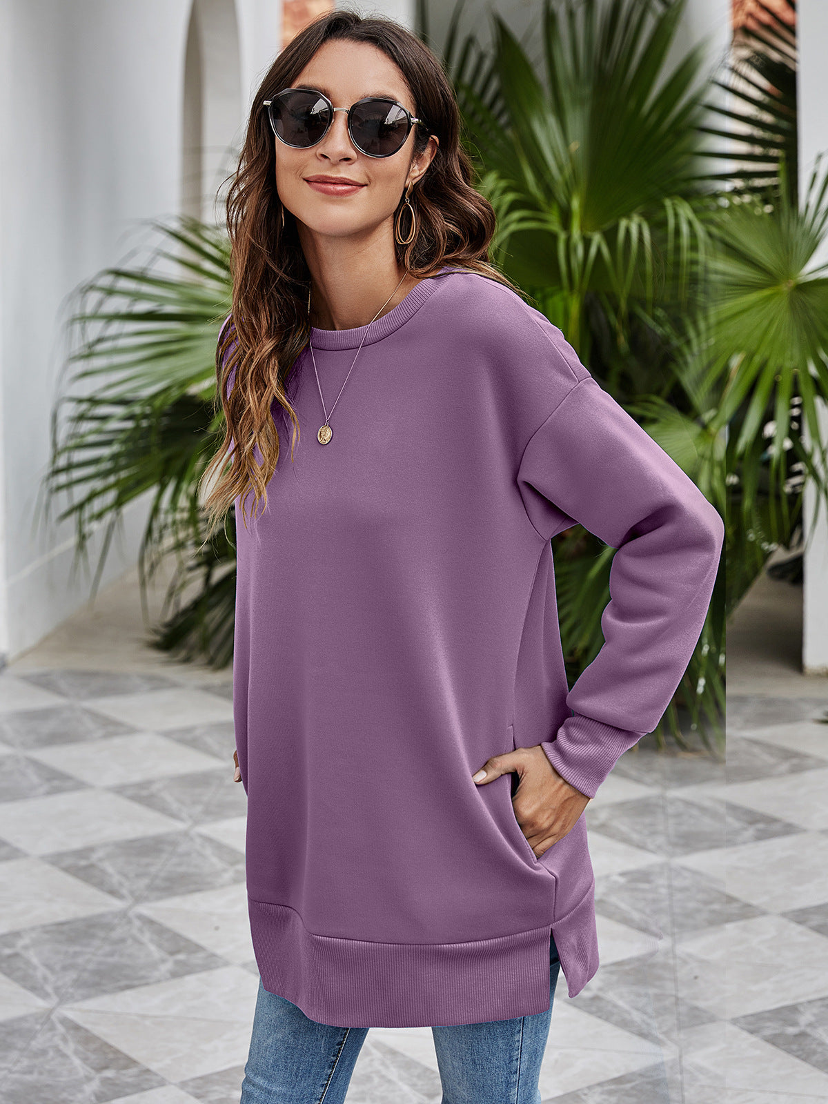 Women's Round Neck Pocket Mid-length Casual Loose Clothing