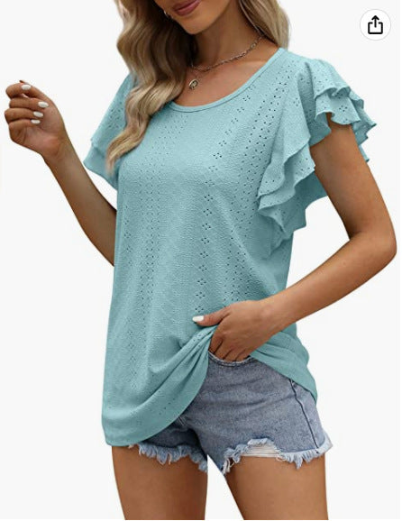 Women's Double-layer Ruffled Hollow-out Long Short-sleeved Blouses