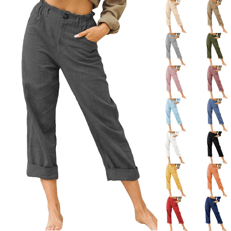 Women's Solid Color Cotton Linen Fashion Loose High Waist Casual Pants