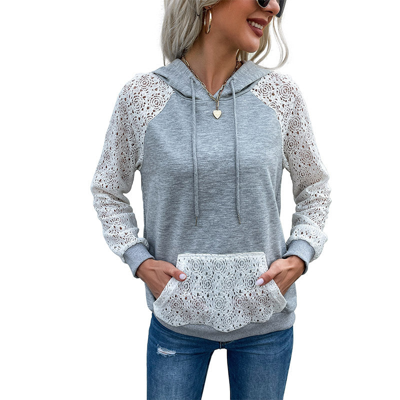 Women's Autumn Hooded Lace Hollow-out Stitching Hoody Tops