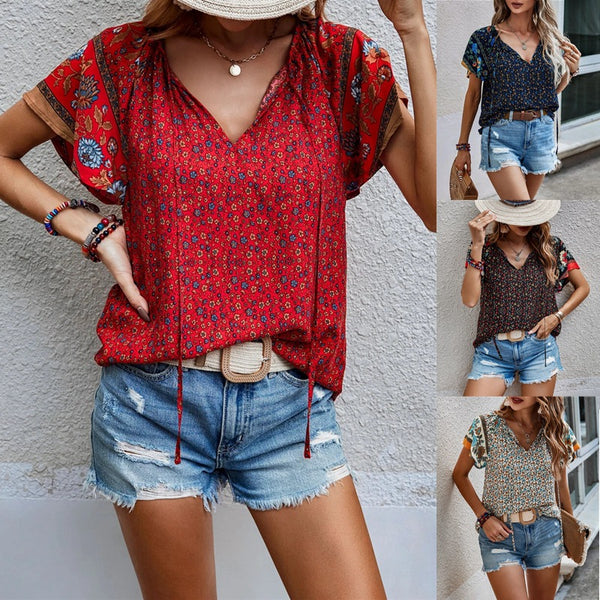 Women's Summer National Style Printed V-neck Sleeve Blouses