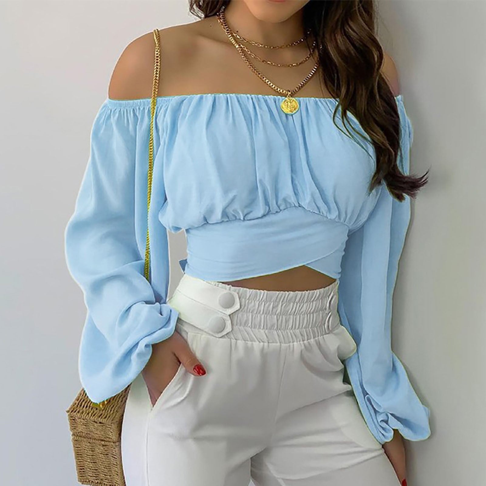 Women's Off-shoulder Cross Tied Long Sleeves Blouses