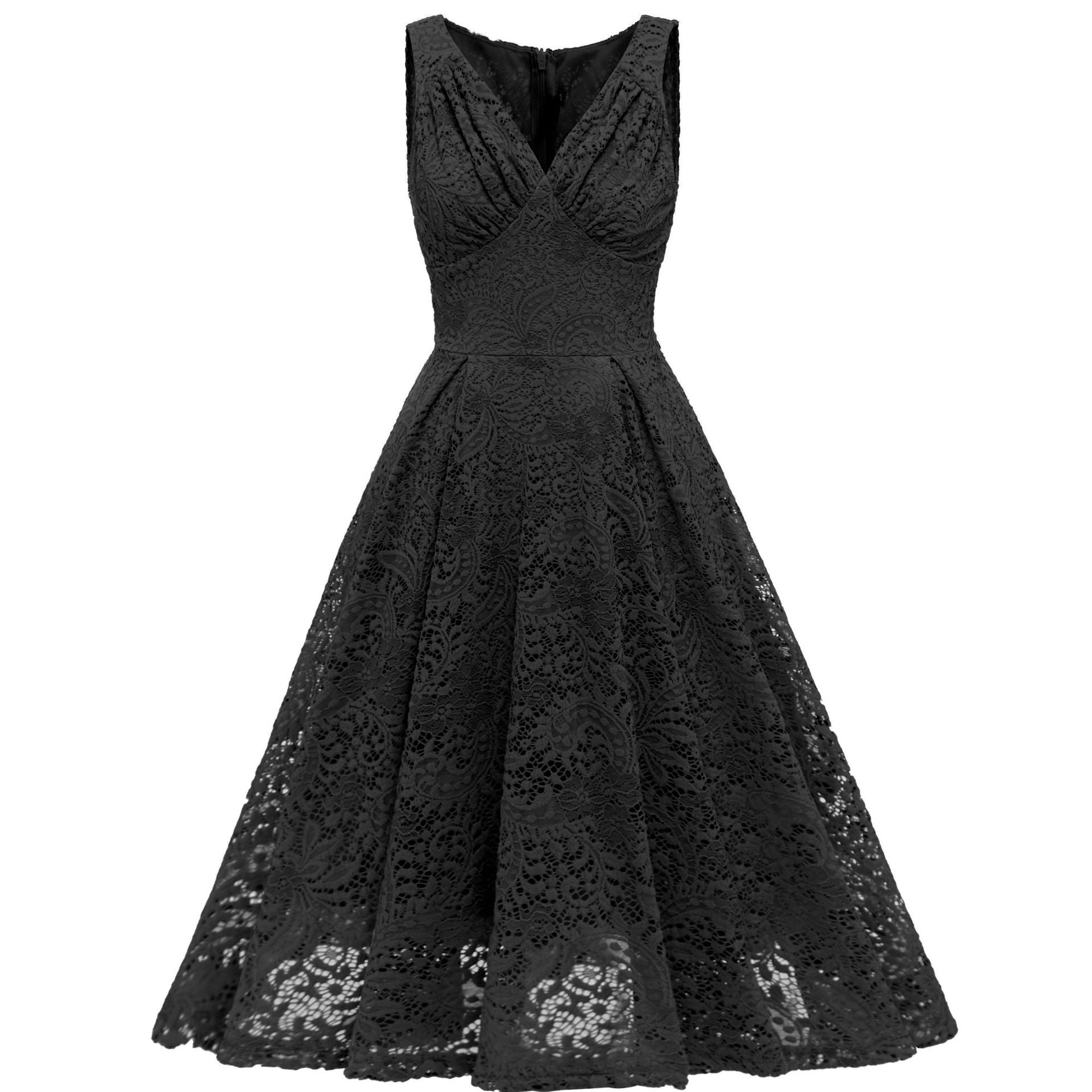 Summer V-neck Pleated Lace Waist-controlled Large Hem Mid-length Dresses