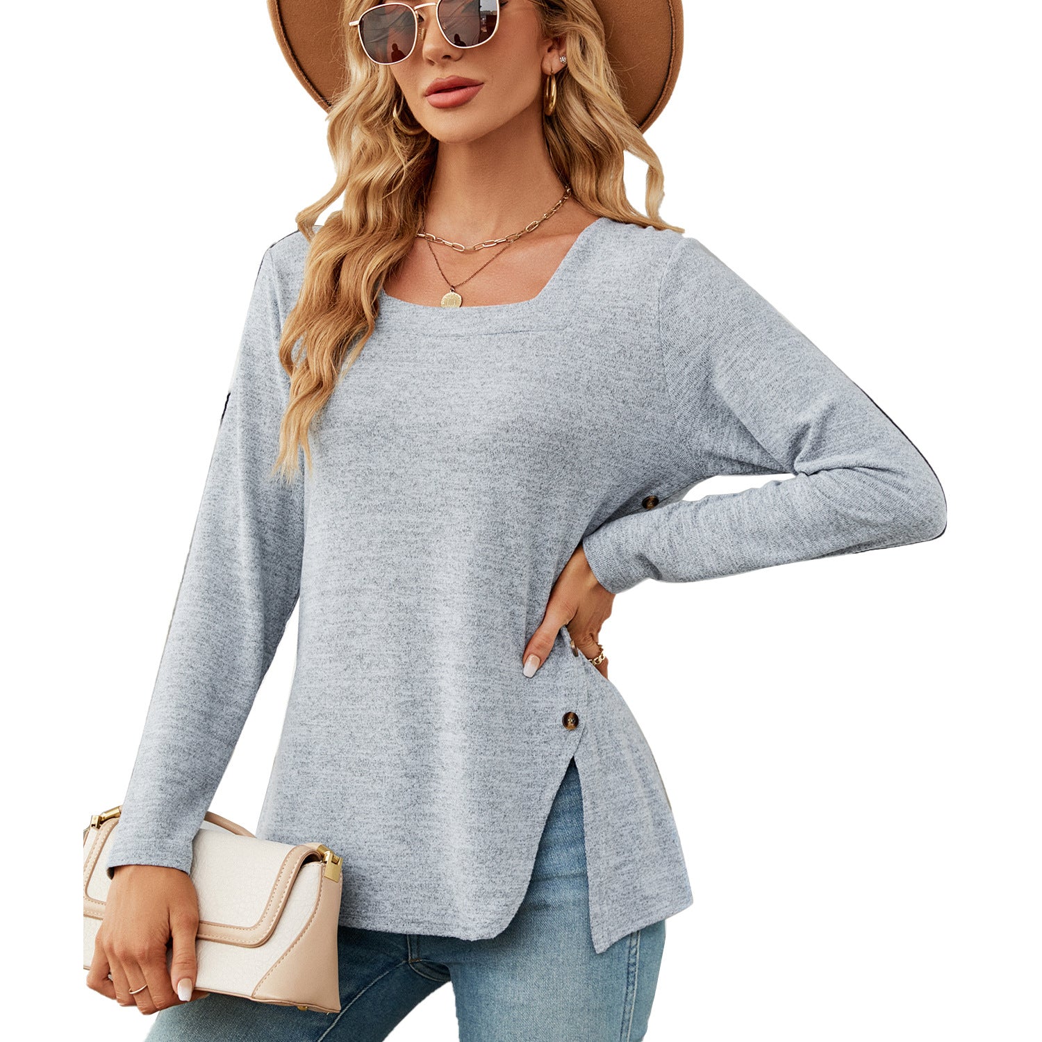 Women's Square Collar Button Slit Loose Long-sleeved Blouses