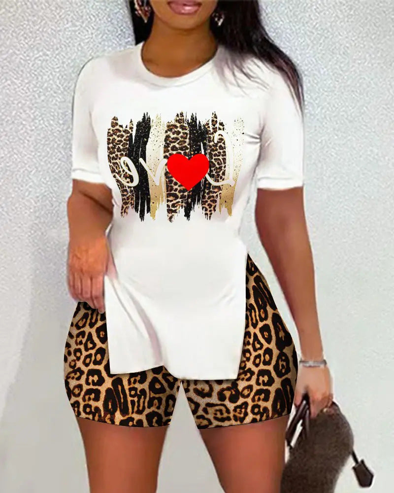 Women's Casual Printed Sleeves Two-piece Set Shorts