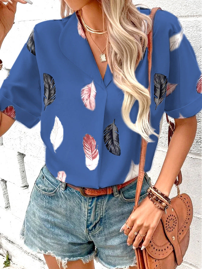 Women's Summer Lapel Feather Printed Sleeve Blouses