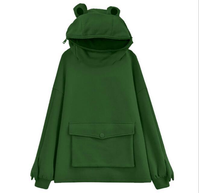 Women's Vacuum Brushed Hoody Mid-length Design Super Cute Frog Sweaters