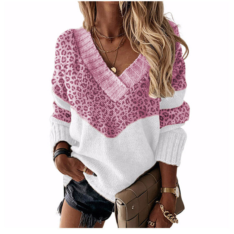 Mixed Color Stripe Leopard Print Pullover Sweaters