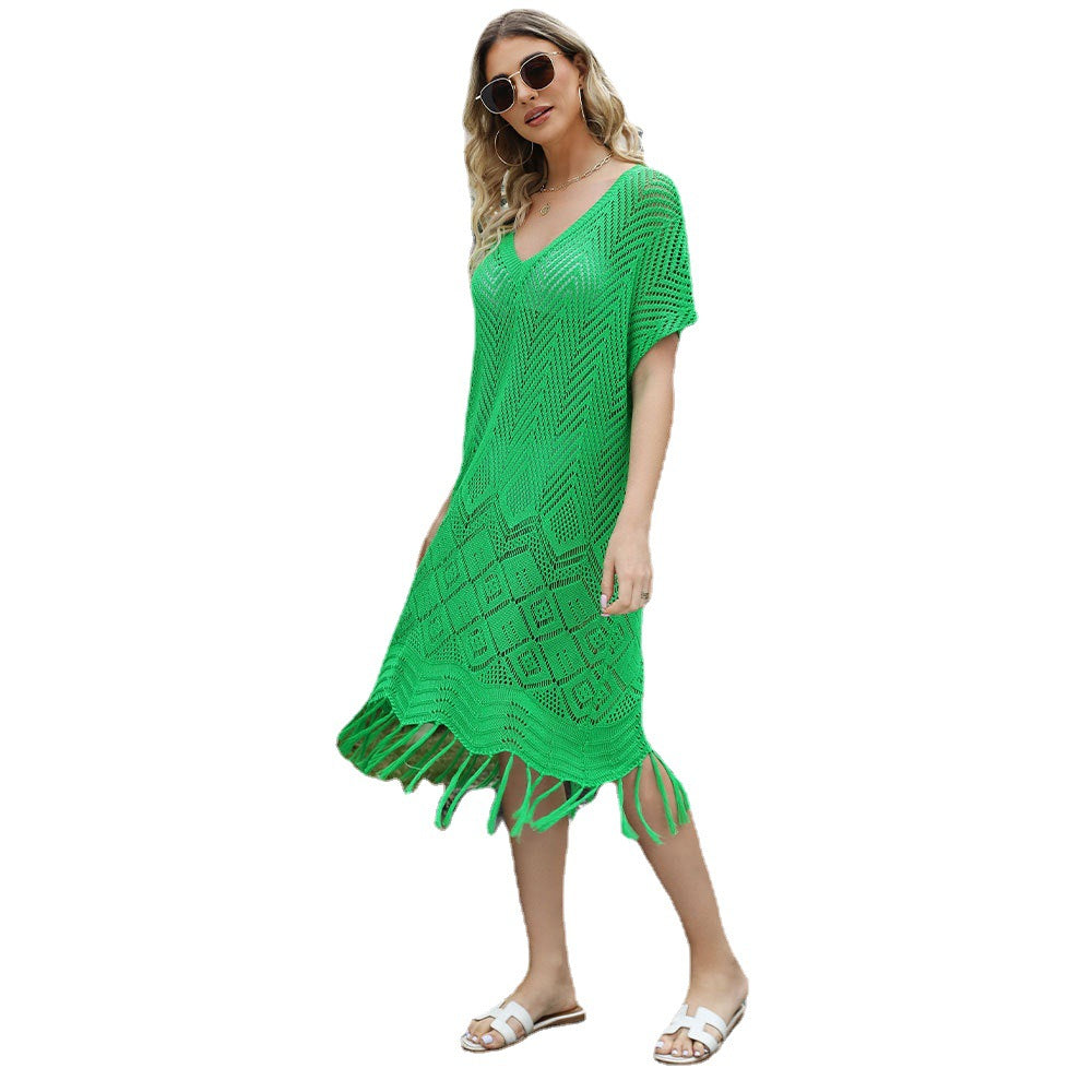 Women's Summer Solid Color Tassel Hollow Loose Dresses