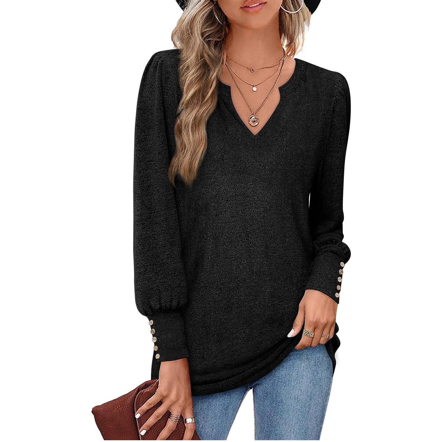 Women's Casual Waist Puff Sleeve Button Long Tops