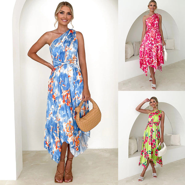 Sexy Temperament Printed Pleated Shoulder Swing Dresses