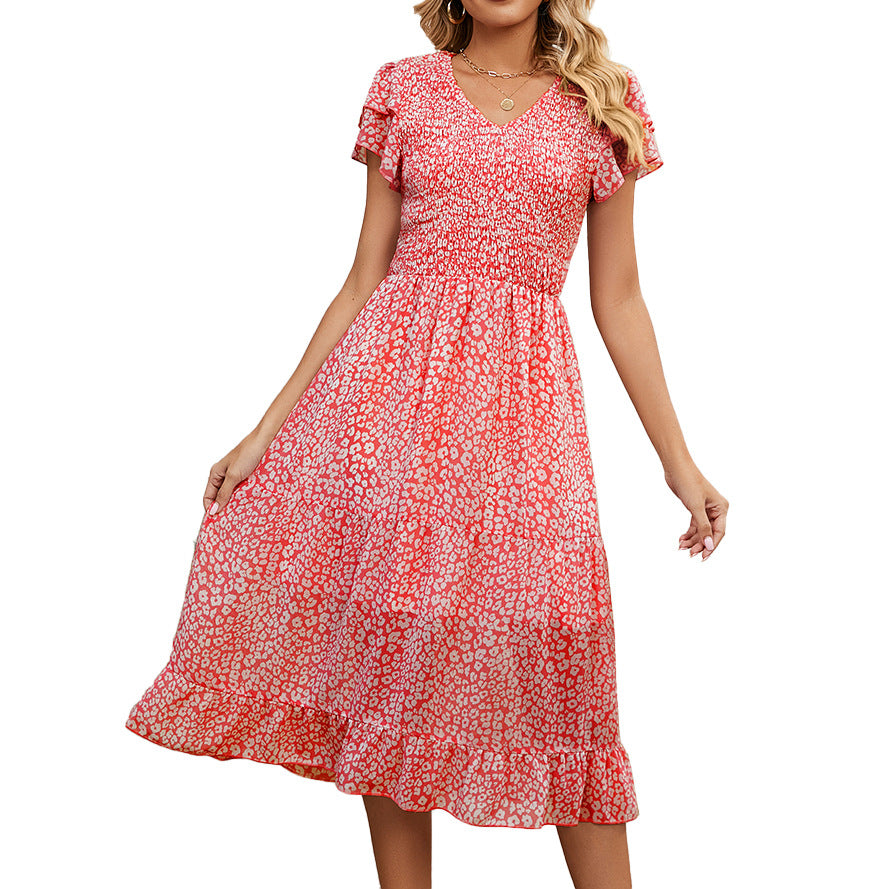 Women's Summer V-neck Pleated Printed Patchwork Waist-slimming Dresses