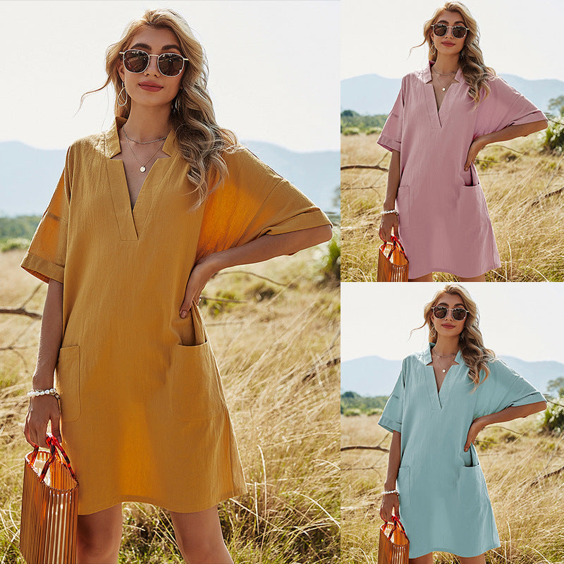 Women's Casual Loose Dress Solid Color V-neck Dresses