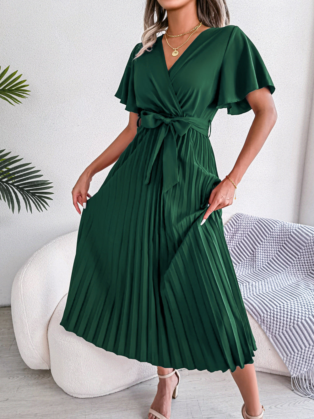 Women's Elegant Cross V-neck Swing Pleated Maxi Dresses