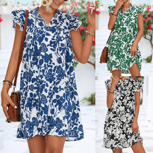 Creative V-neck Up Ruffle Sleeve Printed Dresses