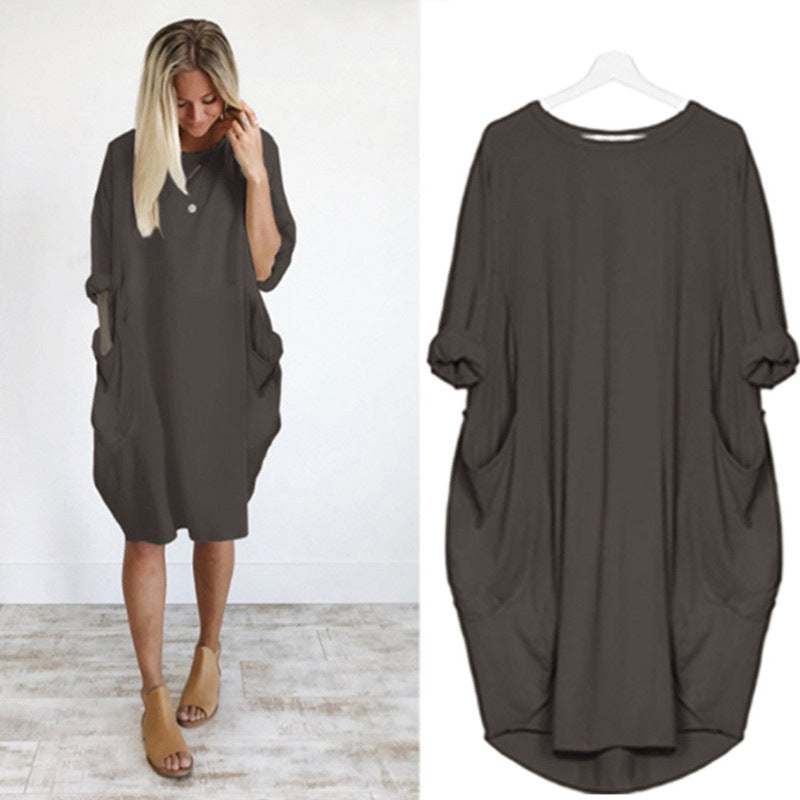 Women's Autumn Long Sleeve Round Neck Solid Color Loose Pockets Dresses