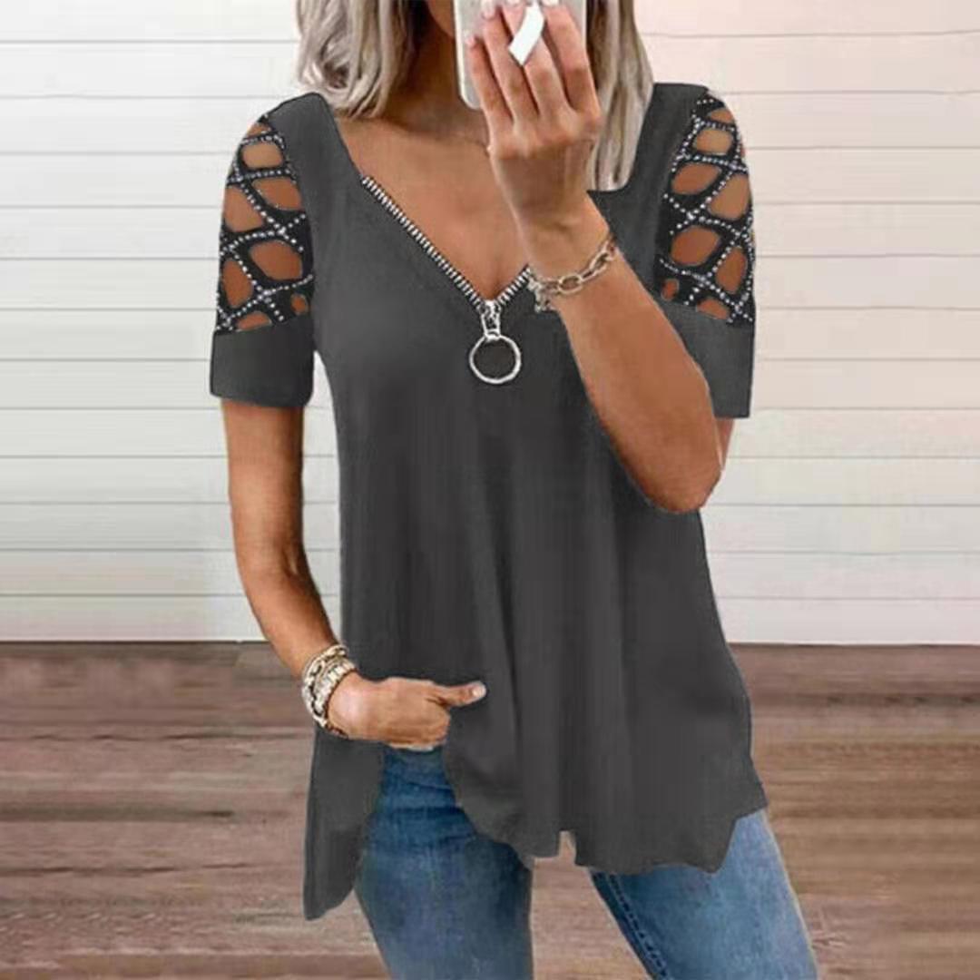 Women's Fashion V-neck Solid Color Hollow Sleeve Rhinestone Tops