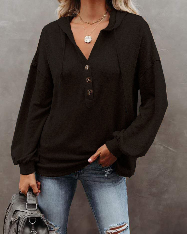 Women's Button Hoodie Casual Loose Solid Color Sweaters