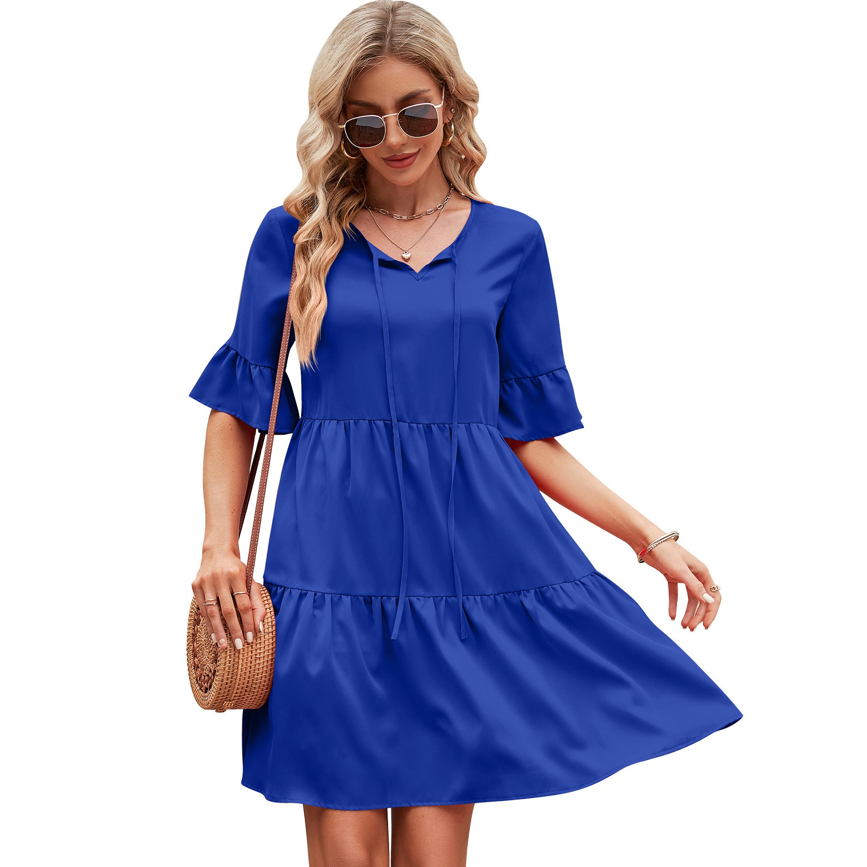 Women's Casual Pleated Sleeves Bohemian High Waist Dresses