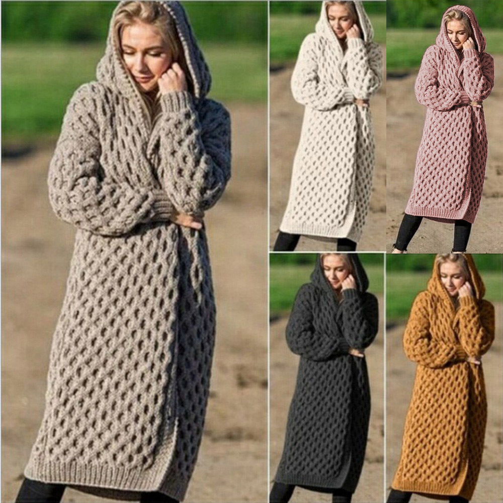 Women's Warm Pure Color Long Knitted Hooded Sweaters