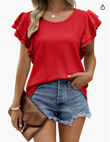 Women's Double-layer Ruffled Hollow-out Long Short-sleeved Blouses