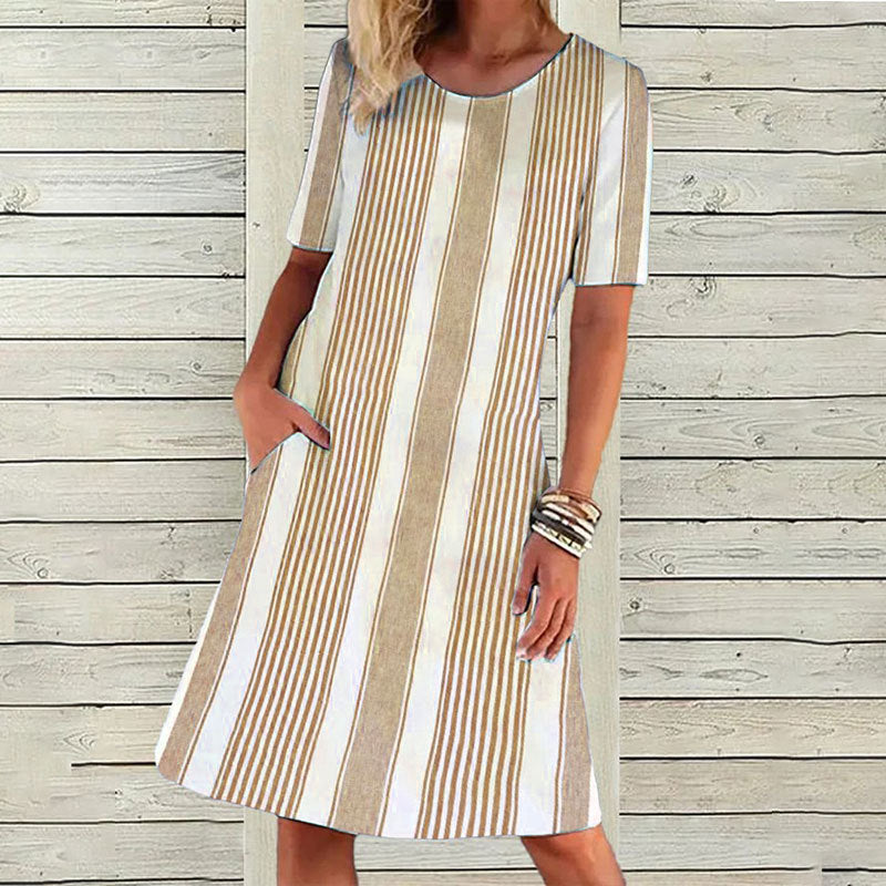 Women's Gradient Striped Positioning Printed Pocket Round Dresses