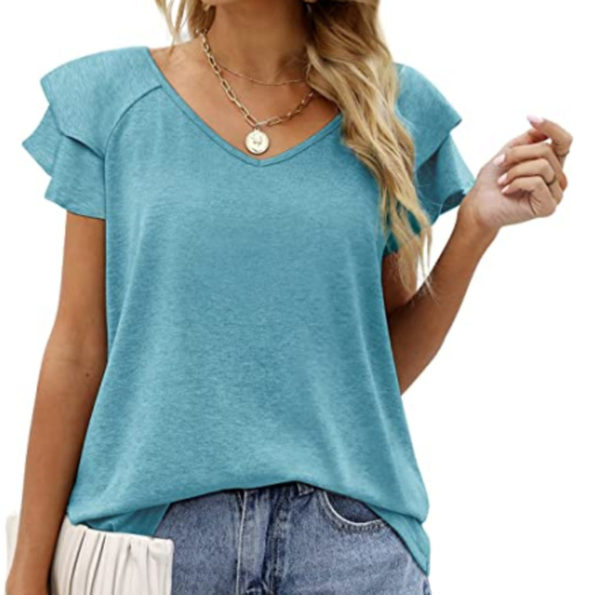 Women's V-neck Double Layer Ruffled Sleeve Blouses