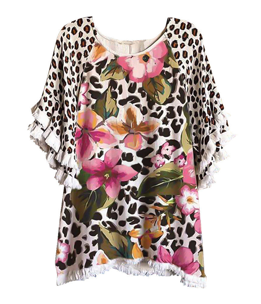 Women's Summer Floral Ruffle Sleeve Round Neck Multicolor Printing Loose Blouses