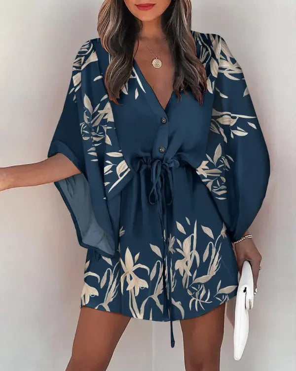 Women's Summer Sleeves V-neck Lace-up Printed Beach Dresses