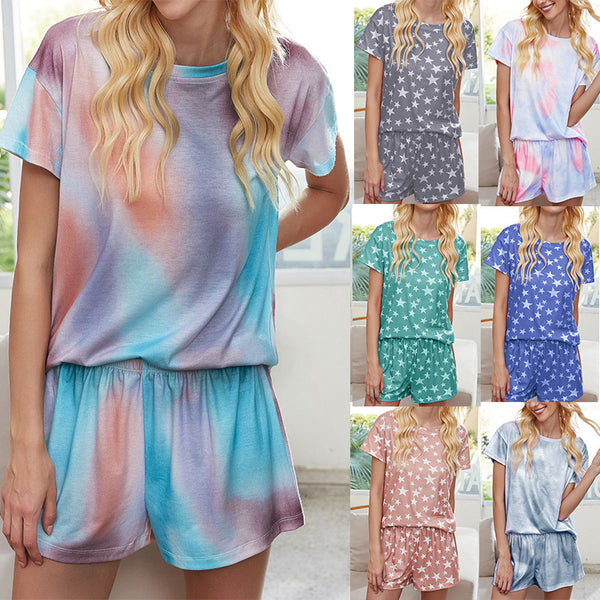 Summer Casual Printed Tie-dye Gradient Pajamas Short-sleeved Suits