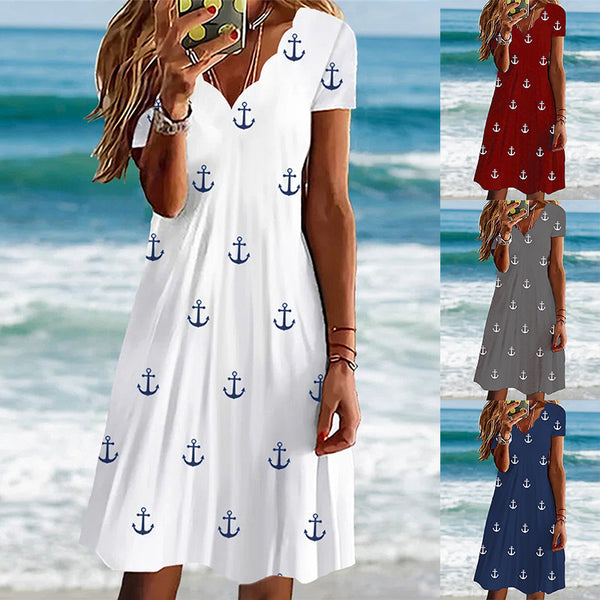 Summer Printed Slim-fit Short-sleeved Fluted Collar Dresses