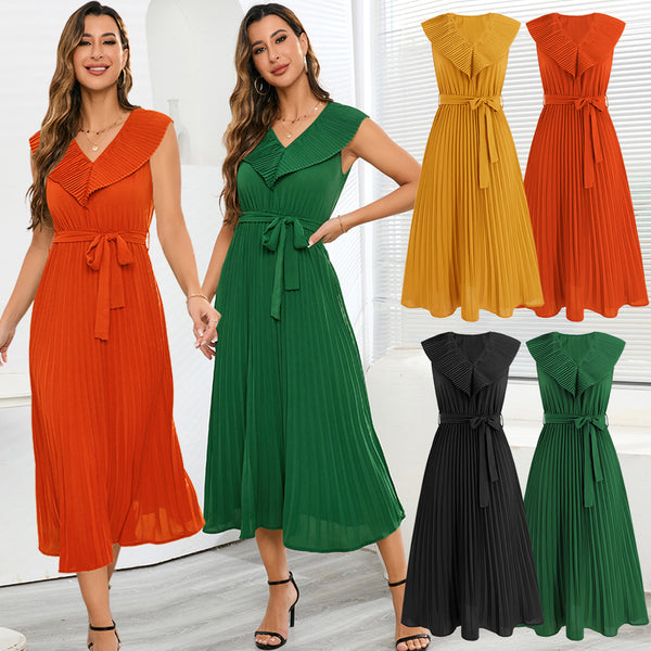 Women's Pleated French Slim Fit Solid Color Dresses