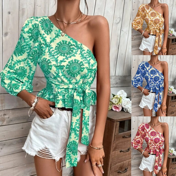 Summer Mandala Printed One-shoulder Lantern Sleeve Blouses