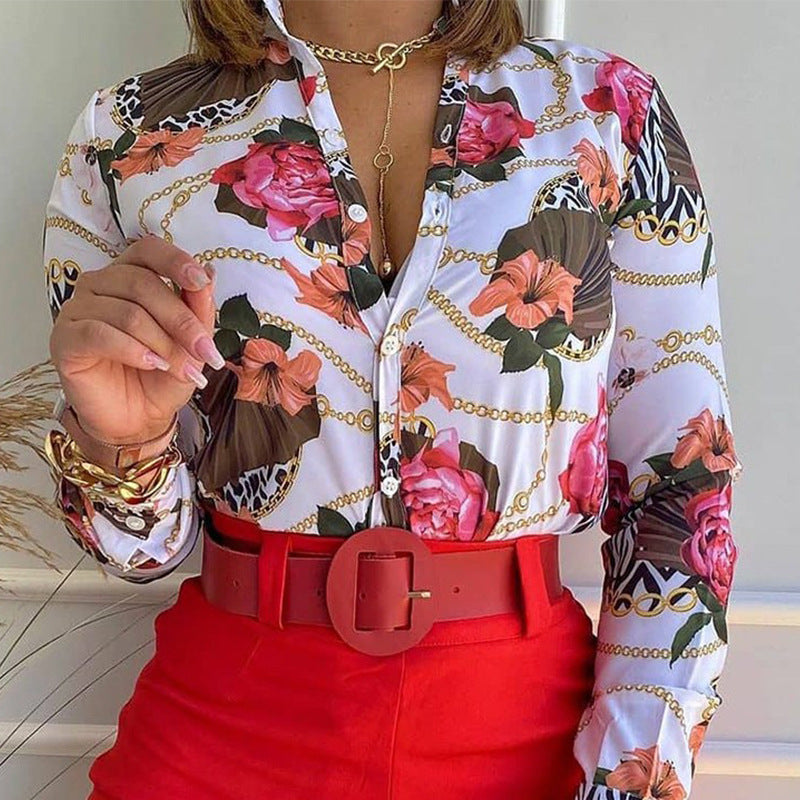 Women's Fashion Digital Printing Collar Long Sleeve Tops