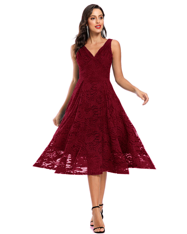 Sommerkleid mit V-Ausschnitt, plissierter Spitze, Taillenbetonung und großem Saum, mittellange Kleider