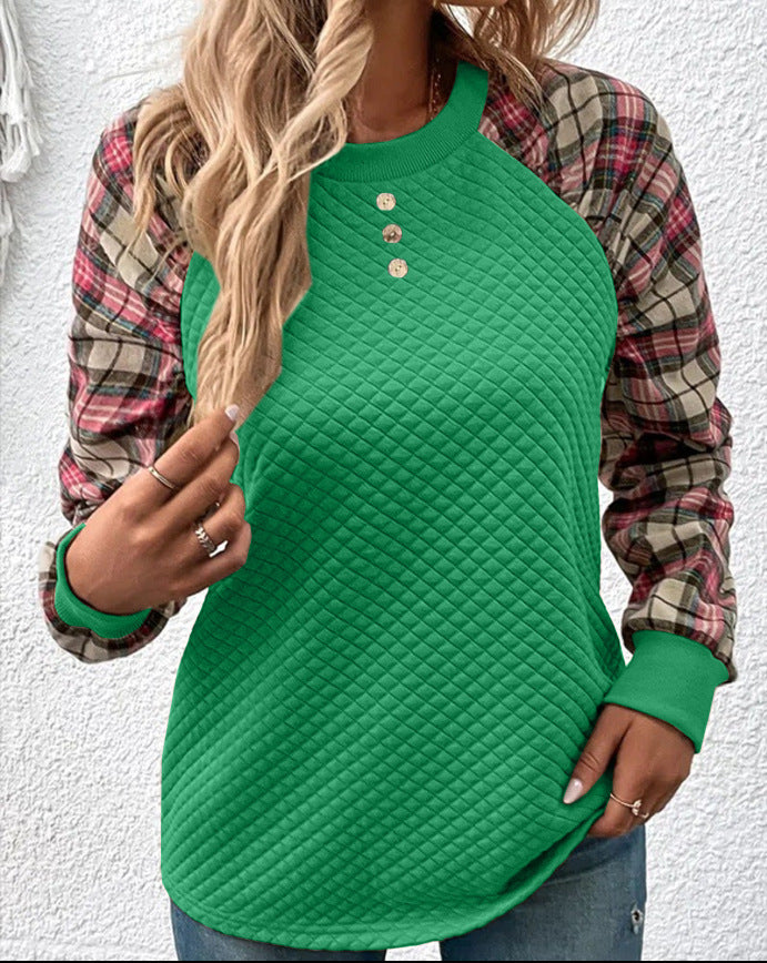 Women's Diamond Plaid Stitching Long Sleeve Crew Sweaters