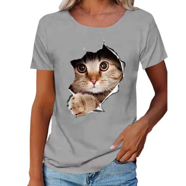 Women's Ripped Cat Round Neck Stylish Loose Blouses